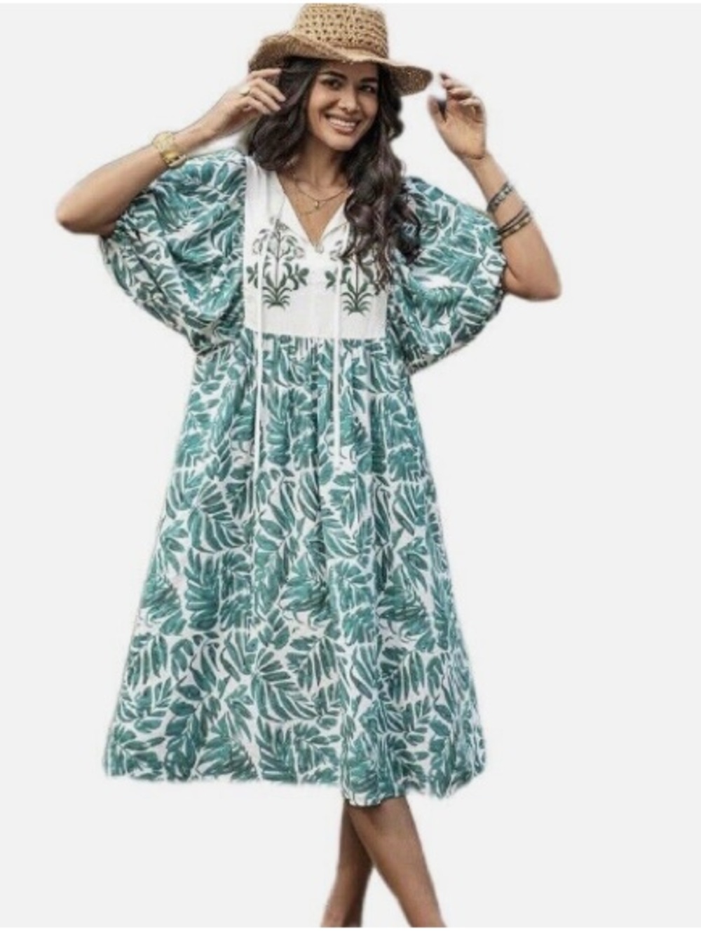 RusttyDustty Green Leaf Pattern Midi Dress w/ Embroidery